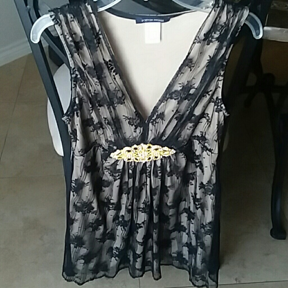 BOSTON PROPER Black Lace Vneck Top